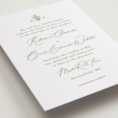 This is a pistachio letterpress wedding invitations with letterpress by Olivia Raufman called posy printing on somerset500 in standard