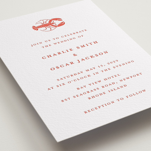 This is a neon orange letterpress wedding invitations with letterpress by Pippa Shaw called lobster printing on somerset500 in standard