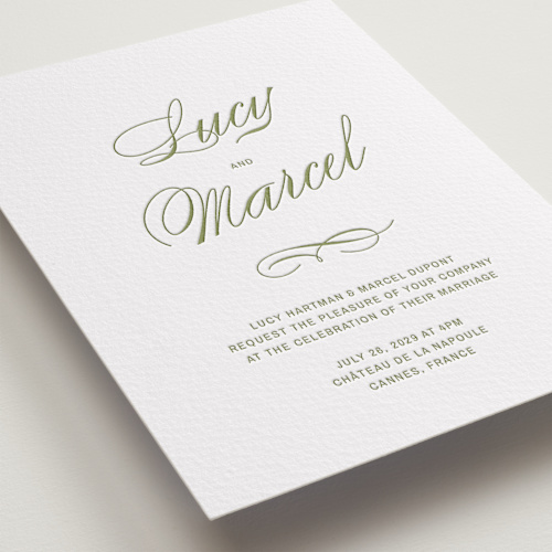 This is a pistachio letterpress wedding invitations with letterpress by Ani Somi called love in the afternoon printing on somerset500 in standard