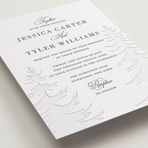 This is a stone letterpress wedding invitations with letterpress by Teju Reval called evergreen printing on somerset500 in standard
