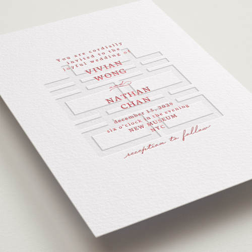 This is a scarlet letterpress wedding invitations with letterpress by Deborah Chou called simply happy printing on somerset500 in standard