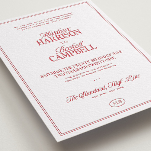 This is a scarlet letterpress wedding invitations with letterpress by Jenna Holcomb called vermilion printing on somerset500 in standard