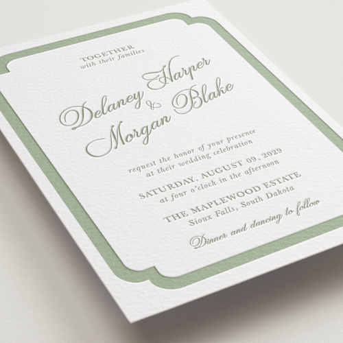 This is a mint letterpress wedding invitations with letterpress by Cass Loh called classic bold border printing on somerset500 in standard