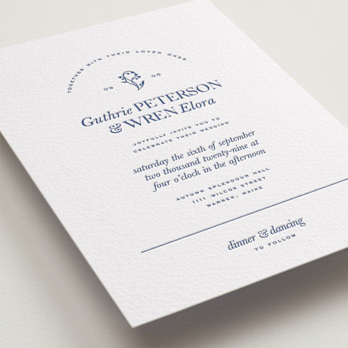 This is a lapis letterpress wedding invitations with letterpress by Bramble Studio called bluebell dinner printing on somerset500 in standard