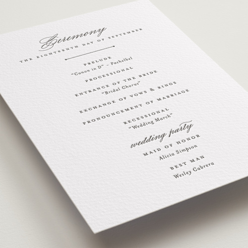 This is a soft black unique wedding programs with letterpress by Olivia Raufman called classic composition printing on somerset500 in standard