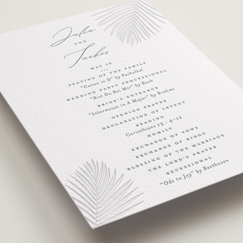 This is a stone unique wedding programs with letterpress by Lauren Chism called faded palm printing on somerset500 in standard
