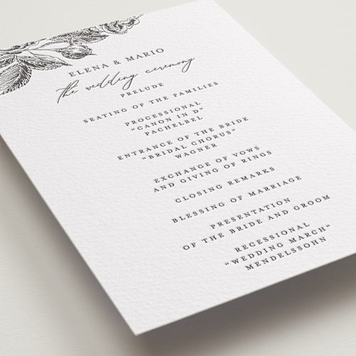This is a soft black unique wedding programs with letterpress by Chris Griffith called etchings of roses printing on somerset500 in standard