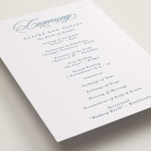 This is a provincial blue unique wedding programs with letterpress by Creo Study called aristocratic printing on somerset500 in standard
