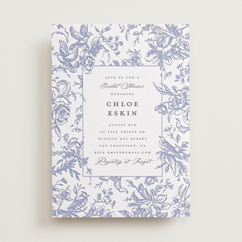 This is a blueberry bridal shower invitations with letterpress by Teju Reval called dreamy toile printing on somerset500 in standard