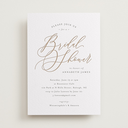 This is a matte gold bridal shower invitations with letterpress by Melanie Kosuge called posh printing on somerset500 in standard