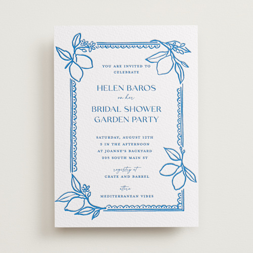 This is a sapphire bridal shower invitations with letterpress by Pati Cascino called mediterraneo printing on somerset500 in standard