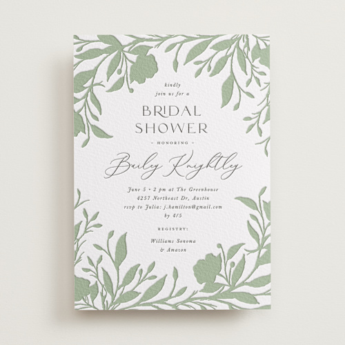 This is a soft black bridal shower invitations with letterpress by Melanie Kosuge called hyde park printing on somerset500 in standard