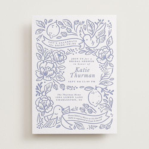 This is a periwinkle bridal shower invitations with letterpress by Rebecca Smith called love birds printing on somerset500 in standard