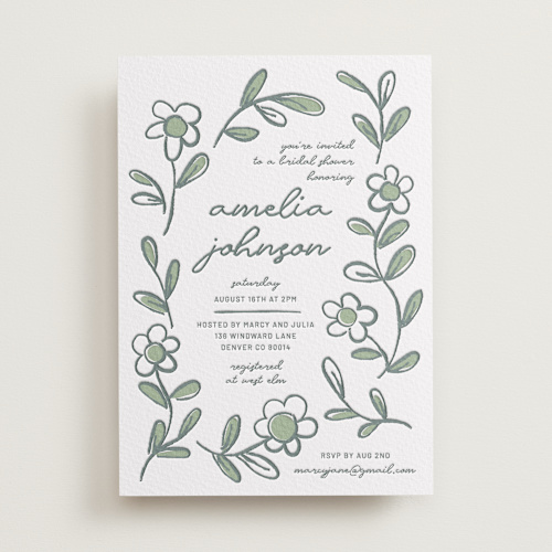This is a mint bridal shower invitations with letterpress by Kelly Watkins called blooming printing on somerset500 in standard