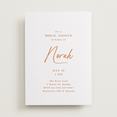 This is a modern script bridal shower invitations with letterpress by Ana Sharpe called modern script printing on somerset500 in standard