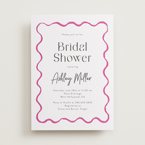 This is a neon pink bridal shower invitations with letterpress by Cass Loh called handdrawn wavy frame printing on somerset500 in standard