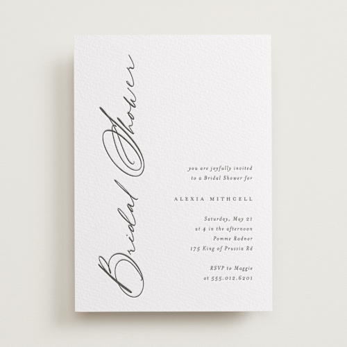 This is a soft black bridal shower invitations with letterpress by Carolyn MacLaren called elegant side printing on somerset500 in standard