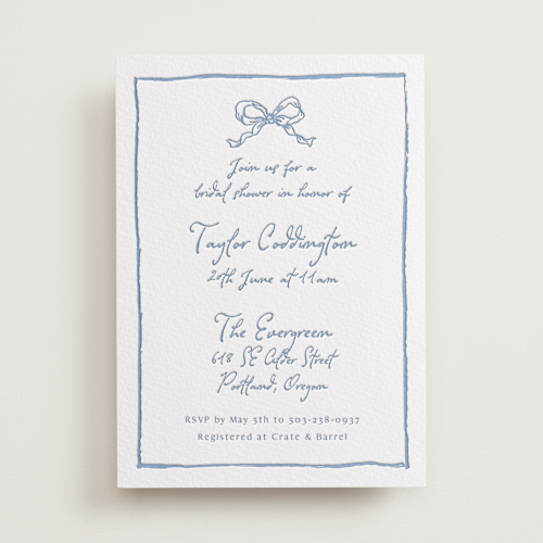 This is a provincial blue bridal shower invitations with letterpress by Cass Loh called ribbon bow drawing printing on somerset500 in standard