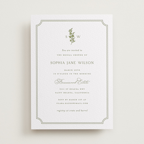 This is a pistachio bridal shower invitations with letterpress by Yaling Hou Suzuki called simply elegant printing on somerset500 in standard