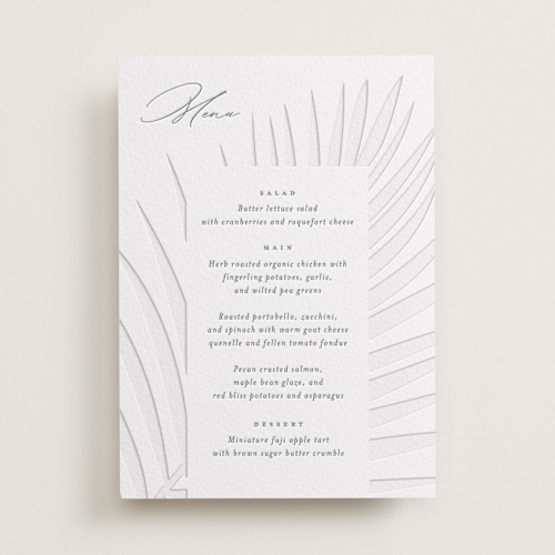 This is a stone menu cards with letterpress by Lauren Chism called faded palm printing on somerset500 in standard