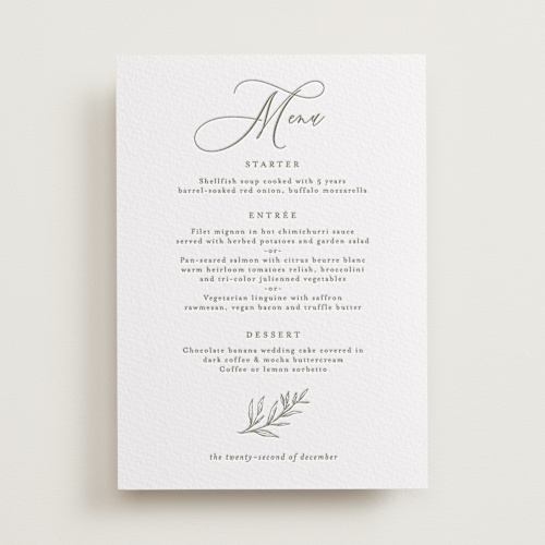 This is a moss menu cards with letterpress by chocomocacino called creme au beurre printing on somerset500 in standard