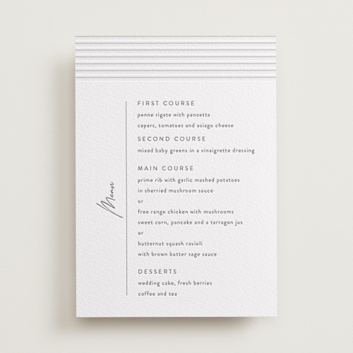 This is a pewter menu cards with letterpress by Shannon Chen of Four Wet Feet Studio called art deco printing on somerset500 in standard