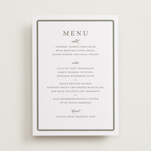 This is a moss menu cards with letterpress by Megan Davis called bevel printing on somerset500 in standard