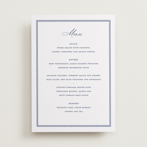 This is a lapis menu cards with letterpress by Pixel and Hank called starboard printing on somerset500 in standard