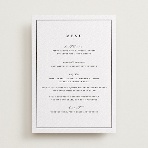 This is a soft black menu cards with letterpress by Stacey Meacham called heritage printing on somerset500 in standard