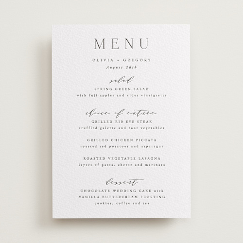 This is a soft black menu cards with letterpress by Hooray Creative called classy type printing on somerset500 in standard