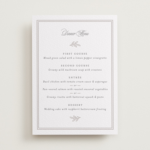 This is a dove grey menu cards with letterpress by Mansi Verma called chic monogram printing on somerset500 in standard