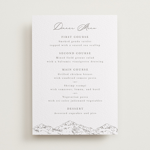 This is a graphite menu cards with letterpress by Sarah Brown called mountainview printing on somerset500 in standard