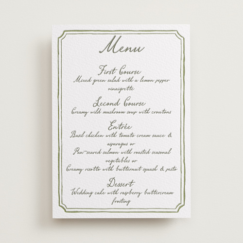 This is a moss menu cards with letterpress by Cass Loh called handwritten printing on somerset500 in standard