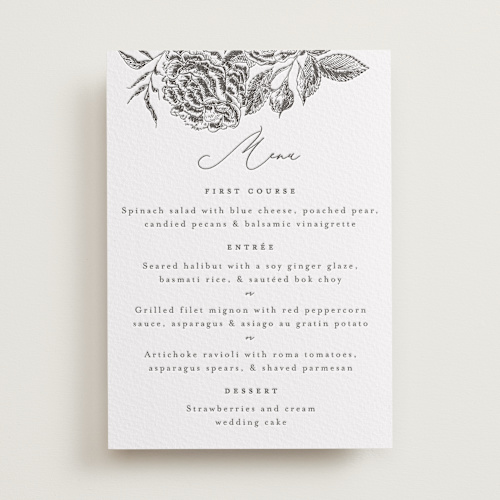 This is a soft black menu cards with letterpress by Chris Griffith called etchings of roses printing on somerset500 in standard