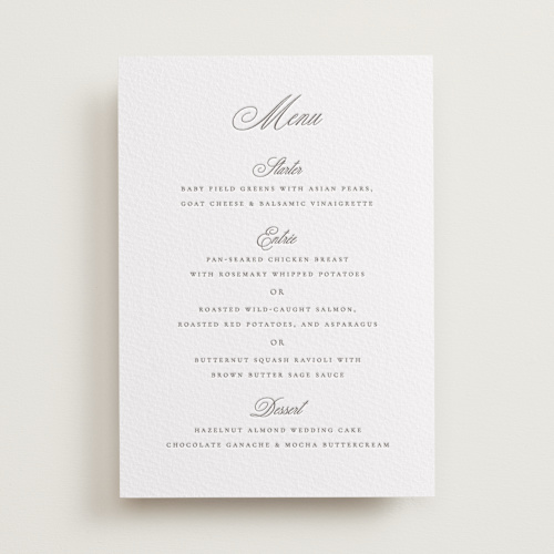 This is a graphite menu cards with letterpress by Wildfield Paper Co called calligraphie printing on somerset500 in standard