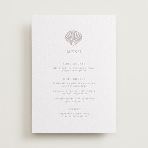 This is a dove grey menu cards with letterpress by Hannah Bowman called simple seashell printing on somerset500 in standard