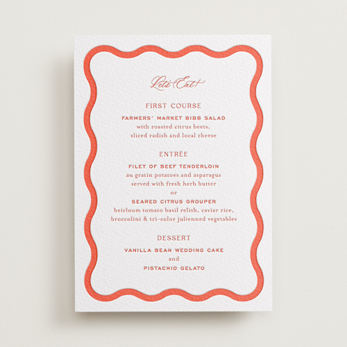 This is a verona sunset menu cards with letterpress by Megan Davis called racquet printing on somerset500 in standard