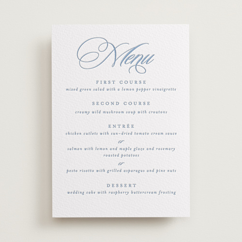 This is a provincial blue menu cards with letterpress by Creo Study called aristocratic printing on somerset500 in standard