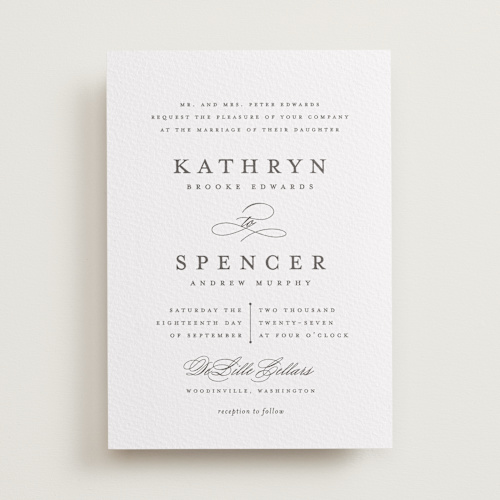 This is a soft black letterpress wedding invitations with letterpress by Olivia Raufman called classic composition printing on somerset500 in standard
