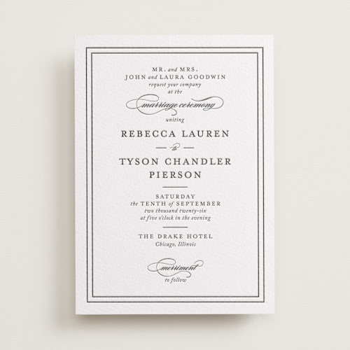 This is a soft black letterpress wedding invitations with letterpress by Kimberly FitzSimons called eloquence printing on somerset500 in standard