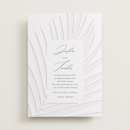 This is a stone letterpress wedding invitations with letterpress by Lauren Chism called faded palm printing on somerset500 in standard