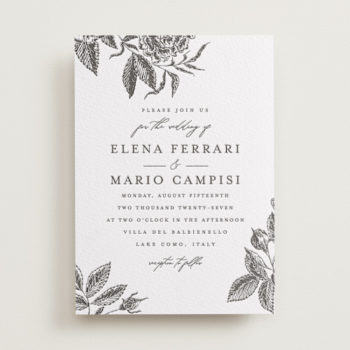 This is a soft black letterpress wedding invitations with letterpress by Chris Griffith called etchings of roses printing on somerset500 in standard
