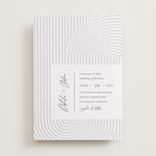 This is a pewter letterpress wedding invitations with letterpress by Shannon Chen of Four Wet Feet Studio called art deco printing on somerset500 in standard