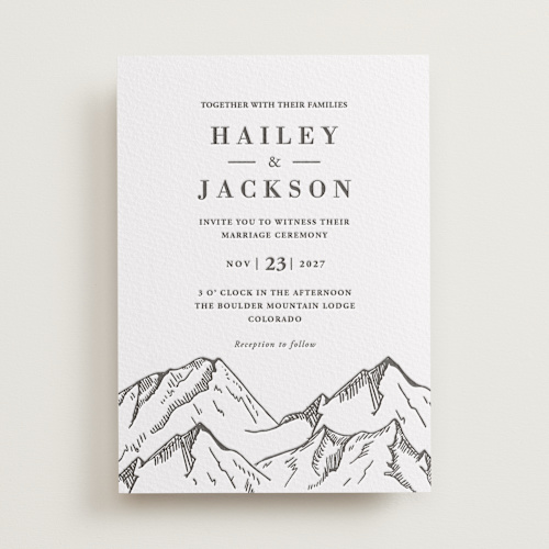This is a soft black letterpress wedding invitations with letterpress by Winston Latchman called etched mountain printing on somerset500 in standard