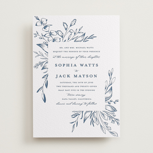 This is a indigo letterpress wedding invitations with letterpress by Susan Moyal called everlasting printing on somerset500 in standard