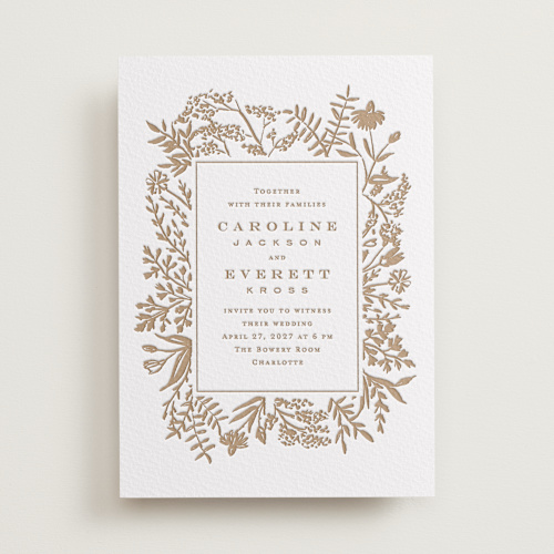 This is a matte gold letterpress wedding invitations with letterpress by Amy Kross called morning fields printing on somerset500 in standard