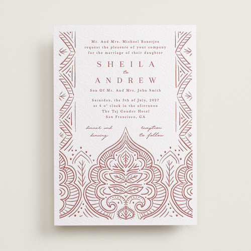 This is a rosewood letterpress wedding invitations with letterpress by Kanika Mathur called taj printing on somerset500 in standard