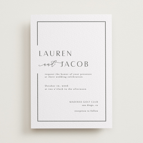 This is a pewter letterpress wedding invitations with letterpress by Nicole Walsh called asymmetry printing on somerset500 in standard