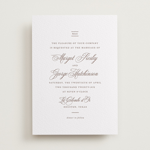 This is a burnt sienna letterpress wedding invitations with letterpress by Megan Davis called lombardy printing on somerset500 in standard