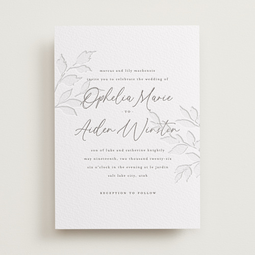 This is a warm gray letterpress wedding invitations with letterpress by Wildfield Paper Co called vine printing on somerset500 in standard